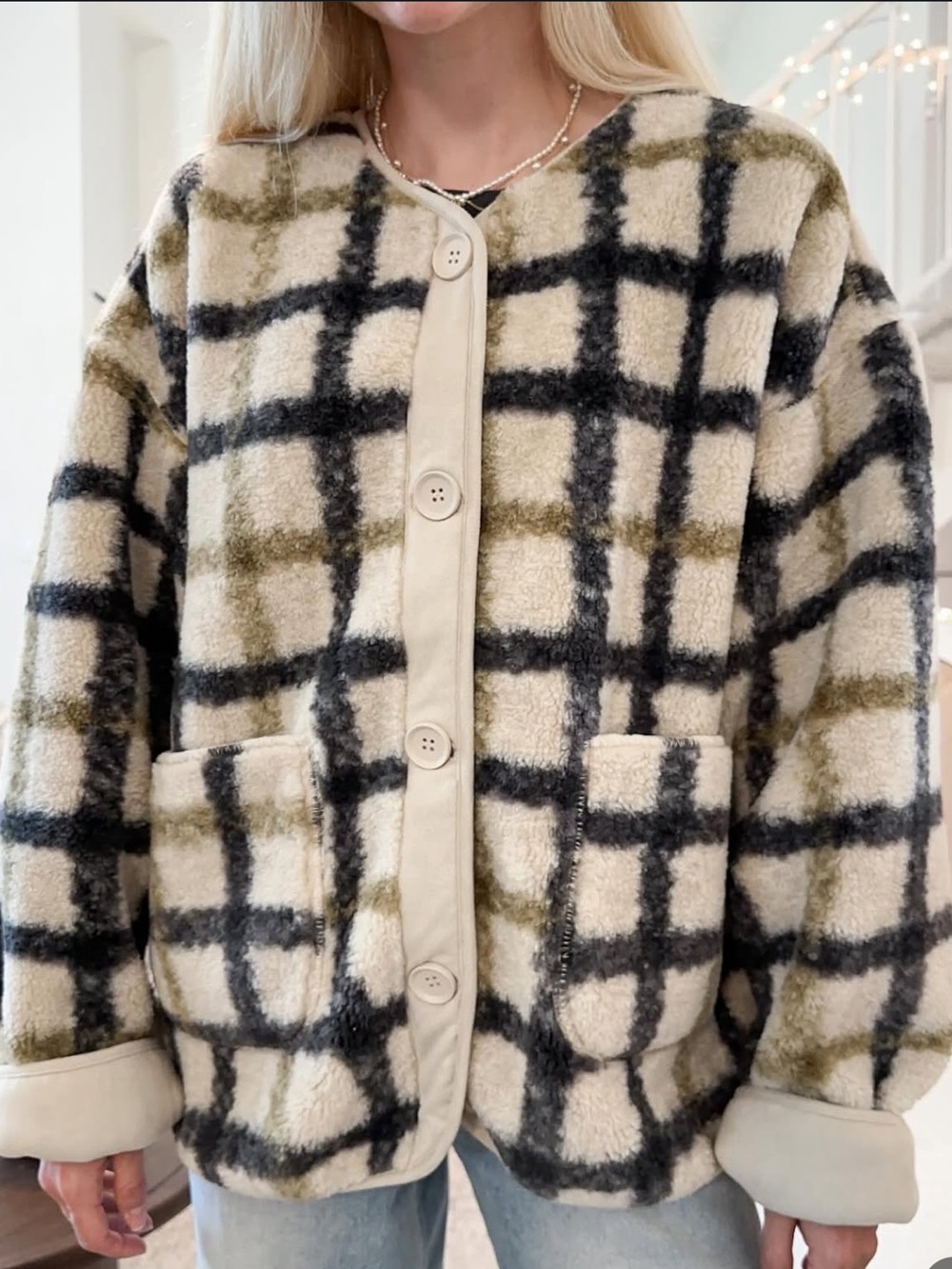 Sherpa Cozy Plaid Button-Front Fleece Jacket - Cream/Black/Olive